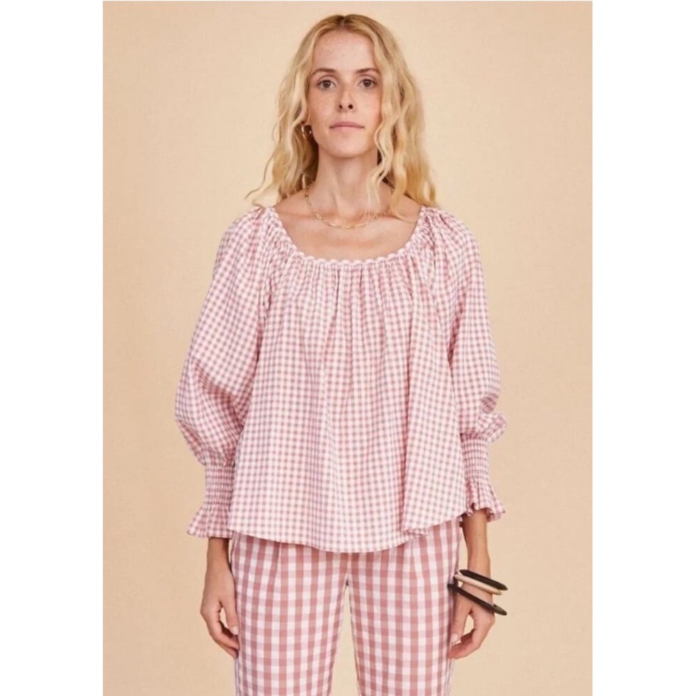 Hunter Bell Rosette Check Lucia Scoop Neck Blouse Pink Gingham Smocked Large